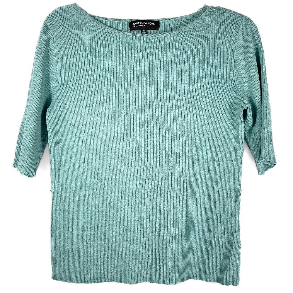 Aqua Short Sleeved Ribbed Scoop Neckline Top
